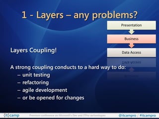 1 - Layers – any problems?
                                                                       Presentation


                                                                         Business


Layers Coupling!                                                       Data Access


A strong coupling conducts to a hard way to do:
   – unit testing
   – refactoring
   – agile development
   – or be opened for changes


       Premium conference on Microsoft’s Dev and ITPro technologies   @itcampro / #itcampro
 
