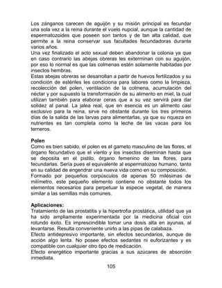 105
Los zánganos carecen de aguijón y su misión principal es fecundar
una sola vez a la reina durante el vuelo nupcial, aunque la cantidad de
espermatozoides que poseen son tantos y de tan alta calidad, que
permite a la reina conservar sus facultades fecundadoras durante
varios años.
Una vez finalizado el acto sexual deben abandonar la colonia ya que
en caso contrario las abejas obreras les exterminan con su aguijón,
por eso lo normal es que las colmenas estén solamente habitadas por
insectos hembras.
Estas abejas obreras se desarrollan a partir de huevos fertilizados y su
condición de estériles les condiciona para labores como la limpieza,
recolección del polen, ventilación de la colmena, acumulación del
néctar y por supuesto la transformación de su alimento en miel, la cual
utilizan también para elaborar ceras que a su vez servirá para dar
solidez al panal. La jalea real, que en esencia es un alimento casi
exclusivo para la reina, sirve no obstante durante los tres primeros
días de la salida de las larvas para alimentarlas, ya que su riqueza en
nutrientes es tan completa como la leche de las vacas para los
terneros.
Polen
Como es bien sabido, el polen es el gameto masculino de las flores, el
órgano fecundativo que el viento y los insectos diseminan hasta que
se deposita en el pistilo, órgano femenino de las flores, para
fecundarlas. Sería pues el equivalente al espermatozoo humano, tanto
en su calidad de engendrar una nueva vida como en su composición.
Formado por pequeños corpúsculos de apenas 50 milésimas de
milímetro, este pequeño elemento contiene no obstante todos los
elementos necesarios para perpetuar la especie vegetal, de manera
similar a las semillas más comunes.
Aplicaciones:
Tratamiento de las prostatitis y la hipertrofia prostática, utilidad que ya
ha sido ampliamente experimentada por la medicina oficial con
rotundo éxito. Es imprescindible tomar una dosis alta en ayunas, al
levantarse. Resulta conveniente unirlo a las pipas de calabaza.
Efecto antidepresivo importante, sin efectos secundarios, aunque de
acción algo lenta. No posee efectos sedantes ni euforizantes y es
compatible con cualquier otro tipo de medicación.
Efecto energético importante gracias a sus azúcares de absorción
inmediata.
 