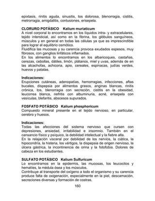 160
epixtasis, rinitis aguda, sinusitis, tos dolorosa, blenorragia, cistitis,
metrorragia, amigdalitis, contusiones, erisepela.
CLORURO POTÁSICO Kalium muriaticum
A nivel corporal lo encontramos en los líquidos intra- y extracelulares,
tejido intersticial, así como en la fibrina, los glóbulos sanguíneos,
músculos y en general en todas las células ya que es imprescindible
para lograr el equilibrio osmótico.
Fluidifica las mucosas y su carencia provoca exudados espesos, muy
fibrosos, con ganglios linfáticos inflamados.
En los alimentos lo encontramos en los albaricoques, castañas,
cerezas, cebollas, dátiles, limón, plátanos, miel y uvas, además de en
las alcachofas, achicoria, apio, cereales, espinacas, judías verdes,
huevos y patatas.
Indicaciones:
Erupciones cutáneas, adenopatías, hemorragias, infecciones, aftas
bucales, dispepsia por alimentos grasos, anginas blancas, rinitis
crónica, tos, blenorragia con secreción, cistitis en la obesidad,
leucorrea blanca, nefritis con albuminuria, acné, erisepela con
vesículas, blefaritis, abscesos supurados.
FOSFATO POTÁSICO Kalium phosphoricum
Compuesto mineral presente en el tejido nervioso, en particular,
cerebro y huesos.
Indicaciones:
Todas las afecciones del sistema nervioso que cursen con
depresiones, ansiedad, irritabilidad e insomnio. También en el
cansancio físico y psíquico, la debilidad intelectual y la fiebre alta.
En la relajación visceral por debilidad de los nervios, la ciática, la
hipocondría, la histeria, los vértigos, la dispepsia de origen nervioso, la
úlcera gástrica, la incontinencia de orina y la fotofobia. Dolores de
cabeza en los estudiantes.
SULFATO POTÁSICO Kalium Sulfuricum
Lo encontramos en la epidermis, las mucosas, los leucocitos y
hematíes, la médula ósea y los músculos.
Contribuye al transporte del oxígeno a todo el organismo y su carencia
produce falta de oxigenación, especialmente en la piel, descamación,
secreciones diversas y formación de costras.
 