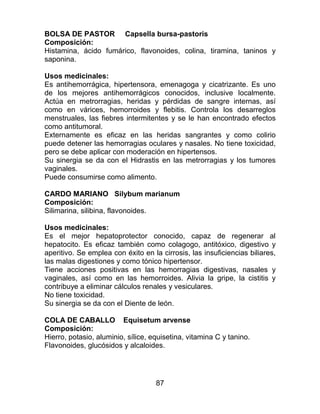 87
BOLSA DE PASTOR Capsella bursa-pastoris
Composición:
Histamina, ácido fumárico, flavonoides, colina, tiramina, taninos y
saponina.
Usos medicinales:
Es antihemorrágica, hipertensora, emenagoga y cicatrizante. Es uno
de los mejores antihemorrágicos conocidos, inclusive localmente.
Actúa en metrorragias, heridas y pérdidas de sangre internas, así
como en várices, hemorroides y flebitis. Controla los desarreglos
menstruales, las fiebres intermitentes y se le han encontrado efectos
como antitumoral.
Externamente es eficaz en las heridas sangrantes y como colirio
puede detener las hemorragias oculares y nasales. No tiene toxicidad,
pero se debe aplicar con moderación en hipertensos.
Su sinergia se da con el Hidrastis en las metrorragias y los tumores
vaginales.
Puede consumirse como alimento.
CARDO MARIANO Silybum marianum
Composición:
Silimarina, silibina, flavonoides.
Usos medicinales:
Es el mejor hepatoprotector conocido, capaz de regenerar al
hepatocito. Es eficaz también como colagogo, antitóxico, digestivo y
aperitivo. Se emplea con éxito en la cirrosis, las insuficiencias biliares,
las malas digestiones y como tónico hipertensor.
Tiene acciones positivas en las hemorragias digestivas, nasales y
vaginales, así como en las hemorroides. Alivia la gripe, la cistitis y
contribuye a eliminar cálculos renales y vesiculares.
No tiene toxicidad.
Su sinergia se da con el Diente de león.
COLA DE CABALLO Equisetum arvense
Composición:
Hierro, potasio, aluminio, sílice, equisetina, vitamina C y tanino.
Flavonoides, glucósidos y alcaloides.
 