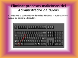 Eliminar procesos maliciosos del
Administrador de tareas
1.) Presione la combinación de teclas Windows + R para abrir el
cuadro de comando Ejecutar.
 