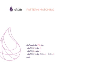 defmodule Fib do
def fib(0), do: 0
def fib(1), do: 1
def fib(n), do: fib(n-1) + fib(n-2)
end
PATTERN MATCHING
 