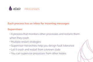 PROCESSES
• A process that monitors other processes and restarts them
when they crash
• Multiple restart strategies
• Supervisor hierarchies help you design fault tolerance
• Let it crash and restart from a known state
• You can supervise processes from other nodes
Supervisors
Each process has an inbox for incoming messages
 