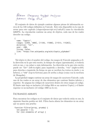 El conjunto de datos de ejemplo contiene algunos piezas de información ac-
erca de los 140 codigos definidos en Unicode. Este esta disponible en la caja de
arena para este capítulo (eloquentjavascript.net/code#5) como la vinculación
SCRIPTS. La vinculación contiene un array de objetos, cada uno de los cuales
describe un codigo.
{
name: "Coptic",
ranges: [[994, 1008], [11392, 11508], [11513, 11520]],
direction: "ltr",
year: -200,
living: false,
link: "https://en.wikipedia.org/wiki/Coptic_alphabet"
}
Tal objeto te dice el nombre del codigo, los rangos de Unicode asignados a él,
la dirección en la que está escrito, la tiempo de origen (aproximado), si todavía
está en uso, y un enlace a más información. La dirección en la que esta escrito
puede ser "ltr" (left-to-right) para izquierda a derecha, "rtl" (right-to-left)
para derecha a izquierda (la forma en que se escriben los textos en árabe y en
hebreo), o "ttb" (top-to-bottom) para de arriba a abajo (como con la escritura
de Mongolia).
La propiedad ranges contiene un array de rangos de caracteres Unicode, cada
uno de los cuales es un array de dos elementos que contiene límites inferior y
superior. Se asignan los códigos de caracteres dentro de estos rangos al codigo.
El limite más bajo es inclusivo (el código 994 es un carácter Copto) y el límite
superior es no-inclusivo (el código 1008 no lo es).
Filtrando arrays
Para encontrar los codigos en el conjunto de datos que todavía están en uso, la
siguiente función podría ser útil. Filtra hacia afuera los elementos en un array
que no pasen una prueba:
function filtrar(array, prueba) {
let pasaron = [];
for (let elemento of array) {
91
 