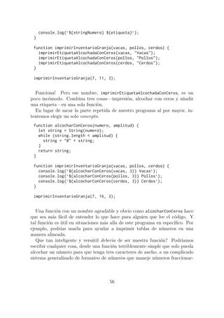 console.log(`${stringNumero} ${etiqueta}`);
}
function imprimirInventarioGranja(vacas, pollos, cerdos) {
imprimirEtiquetaAlcochadaConCeros(vacas, "Vacas");
imprimirEtiquetaAlcochadaConCeros(pollos, "Pollos");
imprimirEtiquetaAlcochadaConCeros(cerdos, "Cerdos");
}
imprimirInventarioGranja(7, 11, 3);
Funciona! Pero ese nombre, imprimirEtiquetaAlcochadaConCeros, es un
poco incómodo. Combina tres cosas—impresión, alcochar con ceros y añadir
una etiqueta—en una sola función.
En lugar de sacar la parte repetida de nuestro programa al por mayor, in-
tentemos elegir un solo concepto.
function alcocharConCeros(numero, amplitud) {
let string = String(numero);
while (string.length < amplitud) {
string = "0" + string;
}
return string;
}
function imprimirInventarioGranja(vacas, pollos, cerdos) {
console.log(`${alcocharConCeros(vacas, 3)} Vacas`);
console.log(`${alcocharConCeros(pollos, 3)} Pollos`);
console.log(`${alcocharConCeros(cerdos, 3)} Cerdos`);
}
imprimirInventarioGranja(7, 16, 3);
Una función con un nombre agradable y obvio como alcocharConCeros hace
que sea más fácil de entender lo que hace para alguien que lee el código. Y
tal función es útil en situaciones más alla de este programa en específico. Por
ejemplo, podrías usarla para ayudar a imprimir tablas de números en una
manera alineada.
Que tan inteligente y versátil deberia de ser nuestra función? Podríamos
escribir cualquier cosa, desde una función terriblemente simple que solo pueda
alcochar un número para que tenga tres caracteres de ancho, a un complicado
sistema generalizado de formateo de números que maneje números fraccionar-
56
 
