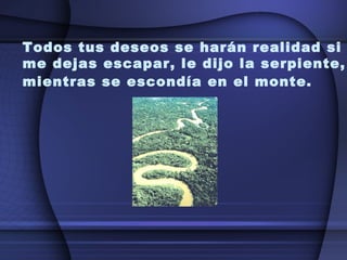 Todos tus deseos se harán realidad si me dejas escapar, le dijo la serpiente, mientras se escondía en el monte.   
