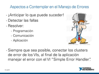 12
9
ni.com
Aspectos a Contemplar en el Manejo de Errores
• ¡Anticipar lo que puede suceder!
• Detectar las fallas
• Resolver:
• Programación
• Comunicación
• Aplicación
• Siempre que sea posible, conectar los clusters
de error de los VIs, al final de la aplicación
manejar el error con el VI “Simple Error Handler”.
 