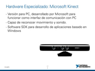 17
8
ni.com
Hardware Especializado: Microsoft Kinect
• Versión para PC, desarrollado por Microsoft para
funcionar como interfaz de comunicación con PC
• Capaz de reconocer movimiento y sonido.
• Software SDK para desarrollo de aplicaciones basado en
Windows
 