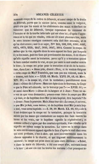 372                   ARCANES CÉLESTES
 nommée coupe de la colère de Jéhovah, et aussi coupe de la droile
de Jéhovah, parce que la nation juive, comme 3ussi le vulg3il'e,
a'Vait cru que les maux et les châtiments des maux et des faux ne
venaient que de Jéhov3h, lorsque cependant ils viennent de
l'homme et de la tourbe inferna'le qui est chez lui; d'~près J'appa­
rence et la foi qni en résulte, cela est dit ainsi plusicUI's fois, mais
le sens interne enseigne comment cela doit être entendu, et ce
qu'on doit croire; voir à ce sujet, Nos 24·5, 092, 696, 1093,1683,
187Ji, 18'75,2335, 2U7, 3605,3607, 3614.. Comme la coupe, de
même que le vin, signifie dans le sens opposé les faux par lesquels
il ya les maux, puis les faux qui proviennent des maux, il en résulte
qu'elle si~nifie aussi la tentation, parce qu'il y a tentation quand
le faux combat contre le vrai, et que par suite le mal combat contre
le bien; la coupe est prise pour la tentation et se dit de la tenta­
tion, dans Luc: « Jésus pria, disllnt: Père, si tu voulais éloigner
« cette coupe de Moi? Toutefois, que non pas ma volonté, mais la

 « tienne, soit faite.» - XXII. 42.lfatth. XXVI. 39,42, H. Marc.
XIV. 36; - la coupe ici, c'est la tentation; pareillement dans
Jean: a Jésus dit à Pierre: Mets ton épée dans le fourreau, la Coupe
u que le Père m'a donnée, ne la boirai-je pas? » - XVIII. 11 ; ­
et aussi dans Marc: «Jésus dit à Jacques et à Jean: Vous ne sa­
I(  vez ce que vous demandez; pouvez-vous boire la coupe que Moi
 « je bois, et du baptême dont Moi je suis baptisé, être baptisés? Ils
 « dirent: Nous le pouvons. Mais Jésus leur dit: La COl/pe, il est vmi,
 « que Moi je bois, t'OlU boirez; et du baptême dont Moi je suis bap­
 " tisé, vous serez baptisés. >l-X. 38,39. Matth. XX. 22,23 ;-de là
 il est évident que la coupe est la tentation, puisque la tentation
 existe par les maux qui combattent an moyen des faux contre les
 biens et les vrais, car le baptême signifie la régénération; et
 comme celle-ci s'opère par des combats spirituels, il en résulte qu'il
 signifie en même temps la tentation. Le verre ou la coupe dans
 le sens entièrement opposé signifie le faux d'après le mal chez ceux
 qui sont profanes, c'est-il-dire, qui sont intérieurement dans les
 choses opposées à la charité, et qui feignent extérieurement la
 sainteté; la coupe est prise dans ce sens dans Jérémie: c Babel,
  « dans la main de Jéhovah, a été une coupe d'or, enivrant toute
  c la ter!'" ; de son vin ont Lu toutes les nations: c'est pourquoi in­
 