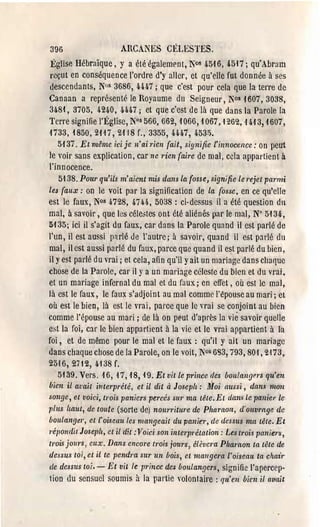 396                   ARCANES CÉLESTES,
Église Hébraïque, y a été égalemi'n t, 1'05 4516, '517; qu'Abl'um
reçut en conséquence l'ordre d'y aller, et qu'clle fut donnée à ses
descendants, Nos 3686, U4-7; que c'est pOUI' cela que la terre de
Canaan a représenté le Royaume du Seigneur, 1'05 1607, 3038,
3481, 3705, 4240, 44-47; et que c'est ùe là que dans la Parole la
Tcne signifie l'Église, N°s 566, 662, 1066,1067, -1262, 1H 3,1607,
1733,1850,2117,2118 r., 3355, 4U7, 4531>.
   5137. Et même icije n'ai rien {ait, signifie l'inllocence: on peut
le "oir sans explication, car ne rien {aire de mal, cela appartient à
l'innocence,
   51 38. Pour qu'ils m'aient mis dans la {osse, signi fie le ,'ejet parmi
les {aux: on le voit par la signification de la {osse, en ce qu'elle
est le faux, Nos 4728, 47 H, 5038 : ci-dessus il a été question dit
mal, à savoir, que les célMes ont été aliénés l>al' le mal, N° 513t.,
5135; ici il s'agit ùu faux, car dans la Parole quand il est parlé de
l'un, il est aussi [1~rlé de l'autre; à savoir, quand il est parlé dn
mal, il est aussi parlé du faux, p~u'ce que quand il est parlé du bien,
il Yest parlé du vrai; et cela, afin qu'il yait un mariage dans chaque
chose de la Parole, car il y a un mariage céleste du bien et du vrai,
et un mariage infernal du mal et du faux; en effet, où est le mal,
là est le faux, le faux s'adjoint au mal comme l'epouse au mari; et
où est le bien, là est le vrai, parce que le vrai se conjoint au bien
comme l'épouse au mari; de là on ptlut d'après la viè savoir quelle
est la foi, cal' le bien appartient à la vic et le vrai appartient à [;a
foi, et de même pour le mal et le faux: qu'il y ait un mat'jage
dans chaque chose de la Parole, on le voit, .Nos 6133,793,80'1,2-173,
25,16, 2712, 4138 r.
    5139. Vers. 16,17,18,49, Et vit le prince des boulangers qu'en
bien il amit interprété, et il dit à Joseph: iloi aussi, dan,~ mon
songe, et voici, trois paniers percés su,' ma têle. Et dan.~ te panie,.le
plus haul, de toute (sorte de) nourriture de Pharaon, d'oltvrngc de
boulanger, el l' oiuau les mallgeail du panier, de dessus ma têle. Et
l'épandit Joseph, et il dil :Voici son interp"étalion : tes trois paniers,
t,'ois jOll1'S, eux. Dans encore t,'ois jours, élèvera Phal'aon ta lêle de
de.sus LOi, et il te pendra sur un boi.~, ct mallgera l'oiseau ta chair
(le dessus toi. - Et vil le prince de$ bOlLlangers, signifie l'apercep­
tion du sensuel soumis 11 la partie volontaire: qu'en bien il avait
 