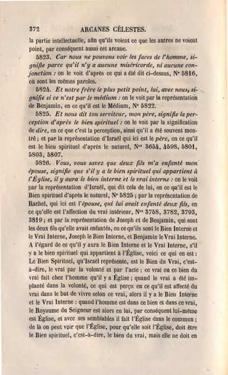 372                    ARCANES CÉLESTES.
la partie intellectuelle, afin qu'ils voient ce que les autres ne voient
point, par- conséquent aussi cet arcane.
     5823. Car nous ne pouvons voir les {aces de l'homme, si­
,qni(ie parce qu'il n'y a aucune miséricorde, ni aucune con­
jonction: on le voit d'apl'ès ce qui a été dit ci-dessus, N° 5816,
où sont les mêmes pal'oles.
     582lJ. Et notre {l'ère le plus petit point, lui, avec nous, si­
gni(ie si ce n'est pm' le médium: on le voit par la représentatio"n
de Benjamin, en ce qu'il est le Médium, N° 5822.
     5825. Et n01/S dit ton serviteur, mon père, signi(ie la per­
ception d'après le bien spirituel: on le voit pal' la signification
de dire, en ce que c'est la perception, ainsi qu'il a été souvent mon­
tré; et par la représentation d'Israël qui ici est le père, en ce qu'il
est le bien spir'ituel d'après le naturel, No' 365ft, 4598, 5801,
5803, 5807.
     5826. Vôus, vous savez que deux fils m'a en{anté mon
épouse, signi(ie que s'il y Cl le bien spirituel qui appartient à
l'Église, il y aura le bien interne et le vrai interne: on le voit
par la l'eprésentation d'Israël, qui dit cela de lui, en ce qu'il est le
Bien spirituel d'après le naturel, N° 5825; par la représentation,de
Hachel, qui ici est l'épouse, qui lui avait en{anté deux (ils, en
ce qu'elle est l'affection du vrai intél'ieul', No' 3758, 3782, 3793,
3819; et par la l'epl'ésentation de Joseph et de Benjamin, qui sont
les deux fils qu'elle avait enfantés, en ce qu'ils sont le Bien Intern"e et
le Vrai Interne, Joseph le Bien Interne, et Benjamin leVrai Interne.
A l'égard de ce qu'il y aUl'a le Bien Interne et le Vrai Interne, s'il
yale bien spirituel qui appartient à l'Église, voici ce qui en est:
Le Bien Spirituel, qu'Israël représente, est le Bien du Vrai, c'est­
à-dire, le vl'ai pal' la volonté et paI' l'acte; ce vl'ai ou ce bien du
'l'ai fait chez l'homme qu'il y a Église; quand le vrai a été im­
planté dans la volonté, ce qui est perçu en ce qu'il est affecté du
vrai dans le but de vivre selon ce Vl'ai, alors il yale Bien Interne
et le Vrai Intel'lle : quand l'homme est dans ce bien et dans ce vrai,
le Royaume du Seigneur est alors en lui ,par conséquent lui-même
est Église, et avec ses semblables il fait l'Église dans le commun;
de là on peut voir que l'Église, pour qu'elle soit l'Église, doit être
le Bien spirituel, c'est-à-dil'e, le bien du vrai, mais elle ne doit en
 