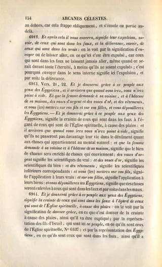 HH                    AlCANES CÉLESTES.
au dehors, cal' cela frappe obliquement, ct s'écoule en partie au­
delà.
  69t 2. Et après cela il vous enverra, signifie leur exptllsion, sa­
voir, de ceux qui sont dans les l'aux, et la délivrance, savoir, de
ceux qui saut dans les vrais: on le voit par la signilication d'en­
voyer ou de laisser aller, en ce qu'ici c'est être expulsé , car ceux
qui sont dans les faux ne laissent jamais ailel' , même quand ce sc­
rait durant toutc l'étel'l1ité, il moins qu'ils ne soient expulsés; c'est
pomquoi envoyer' dans le sens interne signifie ici l'expulsion, et
par suite la délivrance.
   69,13, Vers. 21, 22. Et je cloltuemi gràce à ce peuple allX
yeu,x; des .I;gypliells , cl il arriveNt que quand vous irez, VOltS n'irez
point ci vide. Et que la l'emme demande à SCt voiûne, cl à Châtesse
de sa maison, des vases d'argenl et des vases d' 01', et des vêtements,
ct vous (les) meUrez sw' vos fils et SUI' vos filles, et vous dépouillerez
les E'gyptiens. - El je donnerai gràce cl ce pCILple aux yeux des
li;gYPliens, signifie la crainte de CllUX qui sont dans les faux il l'é­
gard de ceux qui sont de l'l~glise spirituelle, il cause des plaies: ct
il arrivera que quand VOltS irez vous n'irez point à vide, signifie
qu'ils ne passeront pas davantage lem vie dans le dénùment quant
aux choses qui appartiennent au rnentalnaturel: ct que la femme
demande à sa voisine el à l'hôtesse de sa maison, signifie qlll~ le bien
de chacun sera emielli de cllOses qui conviennent: des vases d'ar­
gent signifie les scientifiques du vrai: et des vases d'o1', signifie les
scientifiques du bien: et des v(?temenls, signifie les scientifiques
inférieurs conespondants : et vous (les) IllclI1'ez SUI' vos fils, signi­
fie l'application il leurs vrais: et sur vos filles) signifie l'application il
leurs biens: et vous dépouillerez tes Égyptiem, signifie que cesclloses
serontcnlevées itceuxqui sont dans les faux et par suite clans les maux.
    69,11[.. Et je donnerai 91'àce à ce peuple aux yeux des Égyptiens,
signifie la crainte de ceu,x; qui sont clans les [.'aux à l'égard de ceux
qui sont de l'Église spi1'ituelle, à cause des plaies: on le voit pal' la
signification de donne1' gnlce, en ce que c'est donner cle la l:l'ainte
il cause cles plaies, ainsi qu'il va êtl'e expliqué; par la représen­
tation des rtb d'Israël, qui sont ici ce peuple, en cc qu'ils sont ccux
de l'ltglisc spiriLllclle, N° G537: CL pal' la représentation cles 1~9YP­
!iens, en cc qu'ils sont ccux ([Lli sont dans r5 faux, ainsi f{u'il a
 