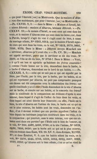EXODE. CHAP. VINGT-HUITIÈME.                          129
Il  que pOUl' l'éternité (est) sa Miséricol'de. Que la maison d'Aha­
)) ,'on dise maintenant, que pOUl' l'éternité (est) sa Miséricorde. 1)
-Ps. CXVIII. 2, 3 : - dans le Même: « Maison d'Israël, bé­
1) nissez Jéhovah: maison d'Aharon, bénissez Jéhovah. 1) -Ps.


CXXXV. 19 ;-la maison d'Israël, ce sont ceux qui sont dans les
vrais, et la maison d'Ahal'on ceux qui sont dans les biens; car, dans
la Pal'ole, 10l'squ'i1 s'agit du Hai il s'agit aussi du bien, à cause
du mariage céleste, N°s 0263, 931lJ j que là maison d'Israël signi­
 fie ceux qui sont dans les vrais, on le voit, N°' Mill, 5879, 595:1., •
7056, 823ft. Dans le Même: « Jéhovah envoya Moscheh son
Il serviteur, Aharon qu'il avait élu. Il -Ps. CV. 26; -         Moscheh
 est appelé serviteur, parce que le serviteUl' se dit des vrais, N°
 3ft00, et l'élu se dit du bien, N° 3755 f. Dans le Même: Il Voici,
 1) (} qu'il est bon et agl'éahle qu'habitent les frères ensemble!


 )) comme l'huile bonne sur la tête, descendant dans la barbe, la
 1) barbe d'Aharon, descendant sur le bord de ~s habits. 1) -         Ps.
 CXt'XXIII. 1, 2 ;-celui qui ne sait pas ce qui est signifié pal' le
 frère, pal' l'huile, pal' la tête, par la barbe, pal' les habits, ni. ce
 qui est représenté par Aharon, ne peut pas comprendre pourquoi
 ces choses ont été comparées avec la cohabitation des frères; cal'
 quelle similitude y a-t-il entre l'huile descendant de la tête d'Aharon
 sur sa barbe, et ensuite sur ses habits, et la concorde des frères?
  mais la sinlÎlitnde de la comparaison est évidente d'après le sens
  interne, dans lequel il s'agit de ['influx du bien dans les vrais, et
  dans lequel est ainsi décrite leur fraternité j en effet, l'huile est le
  bien, la tête d't.haron est l'intime du bien, la barhe est ce qui en
  est le plus externe, les habHs sont les vrais, descendre est l'in­
  flux, d'où il devient é'ident que ces paroles signifient l'influx du
  bien dèpuis les intérieurs jusqu'aux rJ(térieul's dans les vrais, et là
  la conjonction j qui pounait, sans le sens intel'lle, voil' que ces cé­
  lestes sont dans ces pal'oles? que l'Huile soit le bien de l'amour, on
  le voit, No' 886, ft58'2, ft638, 9780; et la tête l'intime, No' 5328,

  6ft36, 7859, 9656 j que la barbe soit ce qui est le plus externe,

  cela est évident dans Ésaïe, VII. 20. XV. 2 j dans Jérémie, XLVIII.

   37; et dans ÉZéchiel, V. 1; que les habits soient les vrais, on le

   voit, Nos 2576, ft5lt5, lli(>3, 5319, 505ft, 69il1, 6917,9093,

   9212,9216; qu'Aharon soit le hien célesle, c'est ce qn'on vient de

        Xv.                                                   9..
 