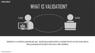 WHAT IS VALIDATION?
CLIENT SERVER
Validation is a method to authenticate user. JavaScript provides facility to validate the form on the client-side so
data processing will be faster than server-side validation.
www.edureka.co
 