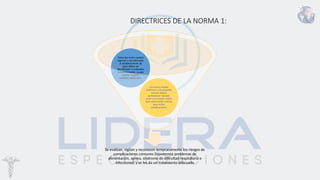 DIRECTRICES DE LA NORMA 1:
Se evalúan, vigilan y reconocen tempranamente los riesgos de
complicaciones comunes (hipotermia problemas de
alimentación, apnea, síndrome de dificultad respiratoria e
infecciones) y se les da un tratamiento adecuado
Todos los recién nacidos
ingresan o son derivados
al establecimiento de
salud deben ser
identificados y evaluados
inmediatamente, ya que
pueden requerir
cuidados adicionales.
Los recién nacidos
enfermos o de pequeño
tamaño deben
permanecer siempre
junto a su madre y estar
bajo observación estricta
para evitar
complicaciones.
 