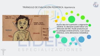 TRIÁNGULO DE EVALUACIÓN PEDIÁTRICA: Apariencia
Da una idea de la perfusión y oxigenación
cerebral. Su alteración puede indicar una
disfunción del SNC. Puede producirse por
una patología cerebral primaria, o por causas
sistémicas, como alteraciones metabólicas
 