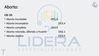 Aborto:
CIE-10:
• Aborto inevitable O05.0
• Aborto incompleto O03.4
• Aborto completo O03.0
• Aborto retenido, diferido o frustro O02.1
• Aborto séptico O03.0
 