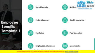 Achievement Award
Health Insurance
Meal Breaks
Paid Vacation
Social Security
Perks & Bonuses
Employees Allowance
Pay Raise
This slide is 100% editable. Adapt it to your needs and capture your audience's attention
2
Employee
Benefits
Template 1
 