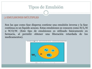 Tipos de Emulsión
 EMULSIONES MÚLTIPLES
Son las que como fase dispersa contiene una emulsión inversa y la fase
continua es un líquido acuoso. Estas emulsiones se conocen como H/L/H
o W/O/W. (Este tipo de emulsiones es utilizado básicamente en
farmacia, al permitir obtener una liberación retardada de los
medicamentos).
 