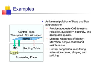 Examples 
 Active manipulation of flows and flow 
aggregates to 
• Provide adequate QoS to users: 
reliability, availability, securely, and 
acceptable quality. 
• Manage resources efficiently: 
utilization, simple control and 
maintenance. 
• Control congestion: monitoring, 
admission control, shaping and 
policing 
Control Plane 
Wire-speed | Non Wire-speed 
Interface 
MIB Routing Table 
Meters 
Forwarding Plane 
 