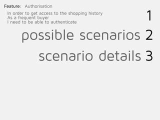 1
2
3
possible scenarios
scenario details
Feature: Authorisation
In order to get access to the shopping history
As a frequent buyer
I need to be able to authenticate
 