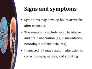 Signs and symptoms
• Symptoms may develop hours or weeks
after exposure.
• The symptoms include fever, headache,
and brain aberration (eg, disorientation,
neurologic deficits, seizures).
• Increased ICP may result in alteration in
consciousness, nausea, and vomiting.
 