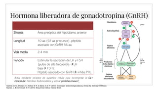 Hormona liberadora de gonadotropina (GnRH)
21
Síntesis Área preóptica del hipotálamo anterior
Longitud 10 aa (92 aa precursor), péptido
asociado con GnRH 56 aa
Vida media 2-4 min
Función Estimular la secreción de LH y FSH
(pulso de alta frecuencia LH
baja FSH)
Péptido asociado con GnRH inhibe PRL
Gardner, D. G., Shoback, D., Muñoz, B. R., & Sierra, G. E. P. (2012). Greenspan: endocrinología básica y clínica (9a. McGraw Hill México.
Baynes, J., & Dominiczak, M. H. (2015). Bioquímica médica. Elsevier Brasil.
Actúa mediante receptor de superficie celular para incrementar el Ca+
intracelular, hidrolizar fosfoinosítidos y activar proteína cinasa C
 