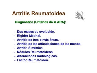 Artritis Reumatoidea -  Dos meses de evolución. -  Rigidez Matinal. -  Artritis de tres o más áreas. -  Artritis de las articulaciones de las manos. -  Artritis Simétrica. -  Nódulos Reumatoideos. -  Alteraciones Radiológicas. -  Factor Reumatoideo. Diagnóstico (Criterios de la ARA): 