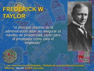 FREDERICK W.
TAYLOR
"el principal objetivo de la
administración debe ser asegurar el
máximo de prosperidad, tanto para
el empleador como para el
empleado”
2. LAS ORIENTACIÓN PROFESIONAL. TEORIAS DE LA ELECCIÓN VOCACIONAL:
PARSONS, TAYLOR, SUPER, HOLLAND.
 