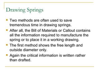 Drawing Springs
 Two methods are often used to save
tremendous time in drawing springs.
 After all, the Bill of Materials or Callout contains
all the information required to manufacture the
spring or to place it in a working drawing.
 The first method shows the free length and
outside diameter only.
 Again the critical information is written rather
than drafted.
 