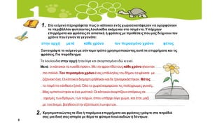 α
α
1.
στην αρχή μετά κάθε χρόνο τον περασμένο χρόνο φέτος
Ξαναγράψτε το κείμενο με σύντομο τρόπο χρησιμοποιώνταςαυτά τα επιρρήματα και τις
φράσεις. Για παράδειγμα:
Τα λουλούδια στην αρχή ήταν λίγα και σκορπισμέναεδώ κι εκεί.
………….......................................................................................................................
.............................................................................................................................
........
.............................................................................................................................
..
.............................................................................................................................
.
.............................................................................................................................
..................................
.............................................................................................................................
..................................
.............................................................................................................................
..................................
Μετά οι κάτοικοι τα«υιοθέτησαν». Με την φροντίδατους κάθε χρόνο γίνονταν
πιο πολλά. Τον περασμένο χρόνο ένας υπάλληλος του δήμου ταψέκασε με
ζιζανιοκτόνα. Οι κάτοικοι διαμαρτυρήθηκανκαι δε ξαναψεκάστηκαν. Φέτος
το τσιμέντο«άνθισε» ξανά. Όλο το χωριό καμαρώνει τις πολύχρωμες γωνιές.
Μας εμπιστεύτηκαν κι ένα μυστικό: Οι κάτοικοι σκορπίζουνσπόρους σε
σχισμές των δρόμων, των τοίχων, όπου υπάρχει λίγο χώμα, και έτσι, μαζί
με τον άνεμο, βοηθούν στην εξάπλωση των φυτών.
Χρησιμοποιώνταςτα ίδια ή παρόμοια επιρρήματα και φράσειςγράψτε στο τετράδιό
σας μια δική σας ιστορία με θέμα το φύτεμα λουλουδιών ή δέντρων.
Στο κείμενοπεριγράφεται πώςοι κάτοικοι ενόςχωριούκατάφεραν να ομορφύνουν
το περιβάλλον φυτεύονταςλουλούδια ακόμα και στο τσιμέντο. Υπάρχουν
επιρρήματα και φράσειςσε αιτιατική ή φράσεις με προθέσειςπουμας δείχνουν τον
χρόνο πουέγιναν τα γεγονότα:
2.
8
 