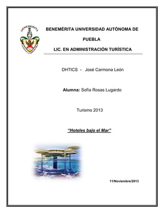 BENEMÉRITA UNIVERSIDAD AUTÓNOMA DE
PUEBLA
LIC. EN ADMINISTRACIÓN TURÍSTICA

DHTICS - José Carmona León

Alumna: Sofía Rosas Lugardo

Turismo 2013

“Hoteles bajo el Mar”

11/Noviembre/2013

 