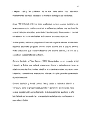 10
Lundgren (1981) "El currículum es lo que tiene detrás toda educación,
transformando las metas básicas de la misma en estrategias de enseñanza”.
Arnaz (1981) Definió el término como un plan que norma y conduce explícitamente
un proceso concreto y determinante de enseñanza-aprendizaje que se desarrolla
en una institución educativa, un conjunto interrelacionado de conceptos, y normas,
estructurado en forma anticipada a acciones que se quieren organizar.
Scuratti (1982) "Hablar de programación curricular significa referirse no al sistema
hipotético de aquello que podría suceder en una escuela, sino al conjunto efectivo
de las actividades que se decide hacer en una escuela, esto es, a la vida de la
escuela en su desarrollo real y efectivo.
Gimeno Sacristán y Pérez Gómez (1983) "Un currículum es un proyecto global
integrado y flexible que deberá proporcionar directa o indirectamente bases o
principios para planificar, evaluar y justificar el proyecto educativo, es una propuesta
integrada y coherente que no especifica más que principios generales para orientar
la práctica escolar".
Gimeno Sacristán y Pérez Gómez (1983) Desde la restrictiva alusión al
currículum, como un programa estructurado de contenidos disciplinares, hasta
su laxa consideración como el conjunto de toda experiencia que tiene el niño
bajo la tutela de la escuela, hay un espacio demasiado amplio que favorece el
caos y la confusión.
 