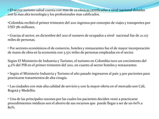 • El sector turismo salud cuenta con mas de 22 clínicas certificadas a nivel nacional dotadas
con la mas alta tecnología y los profesionales mas calificados.
•Colombia recibió el primer trimestre del 2011 ingresos por concepto de viajes y transportes por
USD 781 millones.
• Gracias al sector, en diciembre del 2011 el numero de ocupados a nivel nacional fue de 21.127
miles de personas.
• Por sectores económicos el de comercio, hoteles y restaurantes fue el de mayor incorporación
de mano de obra en la economía con 5.571 miles de personas empleadas en el sector.
Según El Ministerio de Industria y Turismo, el turismo en Colombia tuvo un crecimiento del
4,2% del PIB en el primer trimestre del 2011, en cuanto al sector hoteles y restaurantes
• Según el Ministerio Industria y Turismo el año pasado ingresaron al país 3.500 pacientes para
practicarse tratamientos de alta cirugía.
• Las ciudades con más alta calidad de servicio y con la mayor oferta en el mercado son Cali,
Bogotá y Medellín.
• Una de las principales razones por las cuales los pacientes deciden venir a practicarse
procedimientos médicos son el ahorro de sus recursos que puede llegar a ser de un 60% a
80%.
 