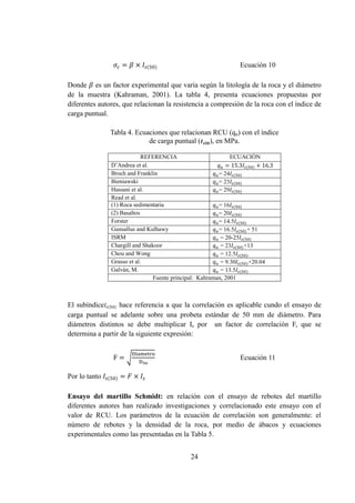 24
𝜎𝑐 = 𝛽 × 𝐼𝑠(50) Ecuación 10
Donde 𝛽 es un factor experimental que varía según la litología de la roca y el diámetro
de la muestra (Kahraman, 2001). La tabla 4, presenta ecuaciones propuestas por
diferentes autores, que relacionan la resistencia a compresión de la roca con el índice de
carga puntual.
Tabla 4. Ecuaciones que relacionan RCU (qu) con el índice
de carga puntual ( 𝒔 ), en MPa.
REFERENCIA ECUACIÓN
D’Andrea et al. 𝑞 = 15.3𝐼𝑠(50) + 1 .3
Broch and Franklin 𝑞 = 24𝐼𝑠(50)
Bieniawski 𝑞 = 23𝐼𝑠(50)
Hassani et al. 𝑞 = 29𝐼𝑠(50)
Read et al.
(1) Roca sedimentaria 𝑞 = 16𝐼𝑠(50)
(2) Basaltos 𝑞 = 20𝐼𝑠(50)
Forster 𝑞 = 14.5𝐼𝑠(50)
Gunsallus and Kulhawy 𝑞 = 16.5𝐼𝑠(50)+ 51
ISRM 𝑞 = 20-25𝐼𝑠(50)
Chargill and Shakoor 𝑞 = 23𝐼𝑠(50)+13
Chou and Wong 𝑞 = 12.5𝐼𝑠(50)
Grasso et al. 𝑞 = 9.30𝐼𝑠(50)+20.04
Galván, M. 𝑞 = 13.5𝐼𝑠(50)
Fuente principal: Kahraman, 2001
El subíndice 𝐼𝑠(50) hace referencia a que la correlación es aplicable cundo el ensayo de
carga puntual se adelante sobre una probeta estándar de 50 mm de diámetro. Para
diámetros distintos se debe multiplicar Is por un factor de correlación F, que se
determina a partir de la siguiente expresión:
F = √
Diametro
D50
Ecuación 11
Por lo tanto 𝐼𝑠(50) = 𝐹 × 𝐼𝑠
Ensayo del martillo Schmidt: en relación con el ensayo de rebotes del martillo
diferentes autores han realizado investigaciones y correlacionado este ensayo con el
valor de RCU. Los parámetros de la ecuación de correlación son generalmente: el
número de rebotes y la densidad de la roca, por medio de ábacos y ecuaciones
experimentales como las presentadas en la Tabla 5.
 