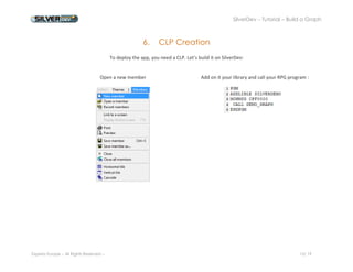 SilverDev – Tutorial – Build a Graph 
Experia Europe – All Rights Reserved -- 15/ 19 
6. CLP Creation 
To deploy the app, you need a CLP. Let’s build it on SilverDev: 
Open a new member 
Add on it your library and call your RPG program : 
 