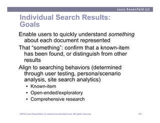 Individual Search Results:
Goals
Enable users to quickly understand something
  about each document represented
That “something”: confirm that a known-item
  has been found, or distinguish from other
  results
Align to searching behaviors (determined
  through user testing, persona/scenario
  analysis, site search analytics)
      •  Known-item
      •  Open-ended/exploratory
      •  Comprehensive research

©2010 Louis Rosenfeld LLC (www.louisrosenfeld.com). All rights reserved.   143
 