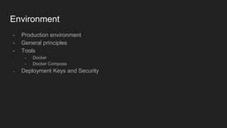 Environment
- Production environment
- General principles
- Tools
- Docker
- Docker Compose
- Deployment Keys and Security
 