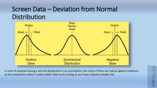 Screen Data – Deviation from Normal
Distribution
In a lot of analyses having a normal distribution is an assumption, but most of them are robust against violations
so the importance doesn't really matter that much as long as you have a decent sample size.
 