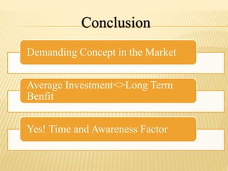Conclusion
Demanding Concept in the Market
Average Investment<>Long Term
Benfit
Yes! Time and Awareness Factor
 