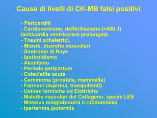 Cause di livelli di CK-MB falsi positivi
 - Pericarditi
 - Cardioversione, defibrillazione (>400 J)
 tachicardia ventricolare prolungata
 - Traumi scheletrici,
 - Miositi, distrofie muscolari
 - Sindrome di Reye
 - Ipotiroidismo
 - Alcolismo
 - Periodo peripartum
 - Colecistite acuta
 - Carcinoma (prostata, mammella)
 - Farmaci (aspirina, tranquillanti)
 - Ustioni termiche od Elettriche
 - Malattie vascolari del Collageno, specie LES
 - Massiva mioglobinuria o rabdomiolisi
 - Ipertermia,ipotermia
 