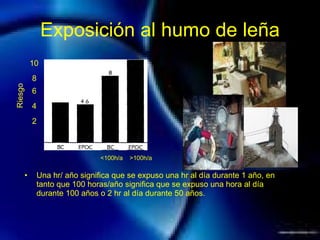 Exposición al humo de leña Una hr/ año significa que se expuso una hr al día durante 1 año, en tanto que 100 horas/año significa que se expuso una hora al día durante 100 años o 2 hr al día durante 50 años. <100h/a  >100h/a Riesgo 10 8 6 4 2 