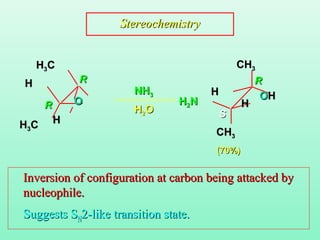 NHNH33
HH22OO
(70%)(70%)
RR
SS
RR
RR
StereochemistryStereochemistry
HH33CC CHCH33
HH33CC
CHCH33
OO
HH
HH
HH
HH OOHH
HH22NN
Inversion of configuration at carbon being attacked byInversion of configuration at carbon being attacked by
nucleophile.nucleophile.
Suggests SSuggests SNN2-like transition state.2-like transition state.
 
