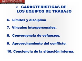  CARÁCTERÍSTICAS DE
LOS EQUIPOS DE TRABAJO
6. Límites y disciplina
7. Vínculos interpersonales.
8. Convergencia de esfuerzos.
9. Aprovechamiento del conflicto.
10. Conciencia de la situación interna.
 