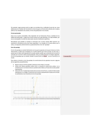 Por ejemplo: juego excesivo entre la regla y la corredera de un calibrador de pie de rey, rosca
defectuosa en el tambor del micrómetro, errores de guía y la forma de los dientes de la rueda y
piñón en los indicadores de caratula, errores de graduación en las escalas.
Errores personales
Estos son en parte controlables. Ellos dependen de las limitaciones físicas y también de los
hábitos del observador. Surgen de la misma manera con cada operador y en cada medidor, por
eso es aconsejable el cambio de observador durante mediciones repetitivas.
Recordemos que también el hombre es binocular por lo tanto resulta difícil apreciar con
exactitud la coincidencia entre dos líneas separadas, o no situadas en el mismo plano, por lo
tanto, a lo expuesto anteriormente se puede denominar error de “paralaje”.
Error de paralaje
El error de paralaje se comete fácilmente con los que los aparatos en los que la lectura se toma
observando un índice que se desplaza en un plazo distinto que el de la escala: en este caso, y
puesto que el índice está separado de la escala, puede suceder que la dirección de la visual no
coincida con la normal a dicha escala graduada. Como se puede apreciar en la figura siguiente,
el error de paralaje que se comete cuando la visual forma un ángulo α con la norma N a la
escala.
Para reducir al mínimo e error de paralaje, los constructores de los aparatos recuren a algunos
de los siguientes procedimientos.
§ Reducir hasta el mínimo posible la distancia entre índice y la escala;
§ Utilizar dos índices paralelos unidos entre sí, situando la escala entre ambos: no se
cometerá error si se toma la lectura cuando los dos índices y el trazo de la escala quedan
superpuestos.
§ Colocación de un espejo bajo el plano de la escala; de esta forma, cuando el índice queda
sobrepuesto a su imagen, la dirección de la visual es perpendicular al plano de la escala,
no existiendo en ese momento el error de paralaje.
N
α
d
0 1 2 3 4 5 6 7 8 9 10 11 12 13 14 15 16 17 18 19 20 21 22 23 24 25 26 27 28 29 30 31
EP
Comentado [H1]:
 