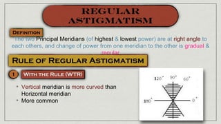 The two Principal Meridians (of highest & lowest power) are at right angle to
each others, and change of power from one meridian to the other is gradual &
regular
• Vertical meridian is more curved than
Horizontal meridian
• More common
 