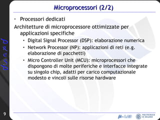 Microprocessori (2/2) Processori dedicati Architetture di microprocessore ottimizzate per applicazioni specifiche Digital Signal Processor (DSP): elaborazione numerica Network Processor (NP): applicazioni di reti (e.g. elaborazione di pacchetti) Micro Controller Unit (MCU): microprocessori che dispongono di molte periferiche e interfacce integrate su singolo chip, adatti per carico computazionale modesto e vincoli sulle risorse hardware 