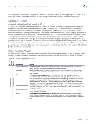 © 2014 The International Institute for Sustainable Development
IISD.org 38
Manual de Capacitación sobre la Evaluación del Impacto Ambiental
Este proyecto se enmarca en la Categoría 2, y también se encuentra dentro de un área protegida. En virtud de las
leyes de Nicaragua, una EIA es necesaria en áreas protegidas sin tener en cuenta el impacto del proyecto.
El proceso de selección
Método de evaluación utilizado en toda la EIA
La Matriz de Evaluación Rápida de Impactos (RIAM) es un enfoque sistemático a partir de datos cualitativos
que puede expresarse de una manera semi-cuantitativa. El proceso que RIAM sigue es identificar cambios
significativos (positivos y negativos) ocasionados por el proyecto, establecer una línea de base para el plan de
monitoreo, identificar estrategias de mitigación y diseñar un sistema de monitoreo y evaluación para determinar la
eficacia de las estrategias de mitigación. Utilizando el método RIAM, la participación pública ocurre en las etapas
de recopilación de datos y mitigación del proceso. Estas dos etapas son seguidas directamente por las medidas
de control de calidad durante las etapas de análisis y monitoreo del programa. El equipo multidisciplinario que
permite que los datos de diferentes sectores sean analizados al mismo tiempo en una matriz común, lo cual permite
una evaluación rápida y clara de los impactos más importantes que pueda tener el proyecto. Dicha matriz también
permite al equipo comparar diferentes opciones de desarrollo en función de cómo los cuatro aspectos del ambiente
pueden reaccionar a una medida.
Posibles Impactos del Proyecto
La siguiente tabla muestra todos los impactos potenciales del proyecto, clasificados por el tipo de impacto (físico-
químico, biológico-ecológico, sociocultural y económico-operativo), la fase del proyecto y el nivel de impacto.
Tabla 20. Posibles Impactos del Proyecto
Typeof
Impact
Phase
Impact level Details
Fisicoquímico
Construcción
Negativo/ Moderado
Moderado
Alto
Moderado/ Negativo
Moderado/ Negativo
Positiva
Sólidos residuales: Generación de desechos sólidos de la construcción de edificios (se
puede controlar y mitigar, se debe seguir normas nacionales).
Líquido residual: Todos los líquidos procedentes del depósito del proyecto después de la
generación de electricidad no afectarán el entorno de la superficie ya que se reinyectan
en el subsuelo.
Cambios en los suelos y subsuelos: La erosión del viento y del agua, y los desechos
procedentes de la eliminación de la vegetación, causados por el movimiento de suelos
para la construcción, contribuyen a la degradación de los suelos. Los elementos químicos
que pueden estar presentes incluyen mercurio, boro y arsénico. Esto puede causar
problemas para la vegetación y la agricultura del área. La eliminación de los árboles y la
vegetación incrementará el riesgo de erosión. Se pondrá en marcha el plan de mitigación.
Cambios en los niveles de ruido: Debido al uso de maquinaria pesada, aumentarán los
niveles de ruido en el área. Esto puede tener un efecto negativo sobre los trabajadores y la
comunidad local.
Cambios en la calidad del aire: Un aumento en el uso de maquinaria y movimiento de
suelos producirá emisiones.
Cambios en la calidad y cantidad de agua: Habrá un cambio temporal y localizado en
el patrón del drenaje superficial de corrientes de agua. Sin embargo, la obra se realizará
durante la estación seca con instalaciones estratégicas para mejorar el drenaje de todo el
año.
 