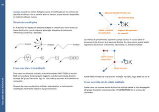 GuíarápidabásicadeAutoCAD
49
Consejo: Guarde los estilos de texto nuevos o modificados en los archivos de
plantilla de dibujo. Esto le permite ahorrar tiempo, ya que estarán disponibles
en todos los dibujos nuevos.
Directrices múltiples
En AutoCAD, los objetos de directriz múltiple se utilizan para crear texto con
líneas de directriz, como etiquetas generales, etiquetas de referencia,
referencias numéricas y llamadas.
Crear una directriz múltiple
Para crear una directriz múltiple, utilice el comando DIRECTRIZM (o escriba
MLD en la ventana de comandos). Haga clic en la herramienta de directriz
múltiple del grupo Anotación. Siga las solicitudes y opciones de la ventana de
comandos.
Después de crear una directriz múltiple, selecciónela y, a continuación,
modifíquela fácilmente mediante sus pinzamientos.
Los menús de pinzamientos aparecen cuando se sitúa el cursor sobre el
pinzamiento de directriz y de extremo de cota. En estos menús, puede añadir
segmentos de directriz o directrices adicionales a la directriz múltiple.
Puede editar el texto de una directriz múltiple. Para ello, haga doble clic en él.
Crear un estilo de directriz múltiple
Puede crear sus propios estilos de directriz múltiple desde la lista desplegable
del grupo Anotación o introduciendo ESTILDIRECTRIZM en la ventana de
comandos.
 