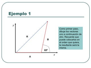 Ejemplo 1
x
y
R
A
B
65º
Como primer paso,
dibuje los vectores
uno a continuación de
otro. Recuerde que
puede colocarlos en
el orden que quiera,
la resultante será la
misma.
 